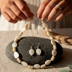 Hand Carved Mother of Pearl Jewelry Set Coastal Boho Leaves